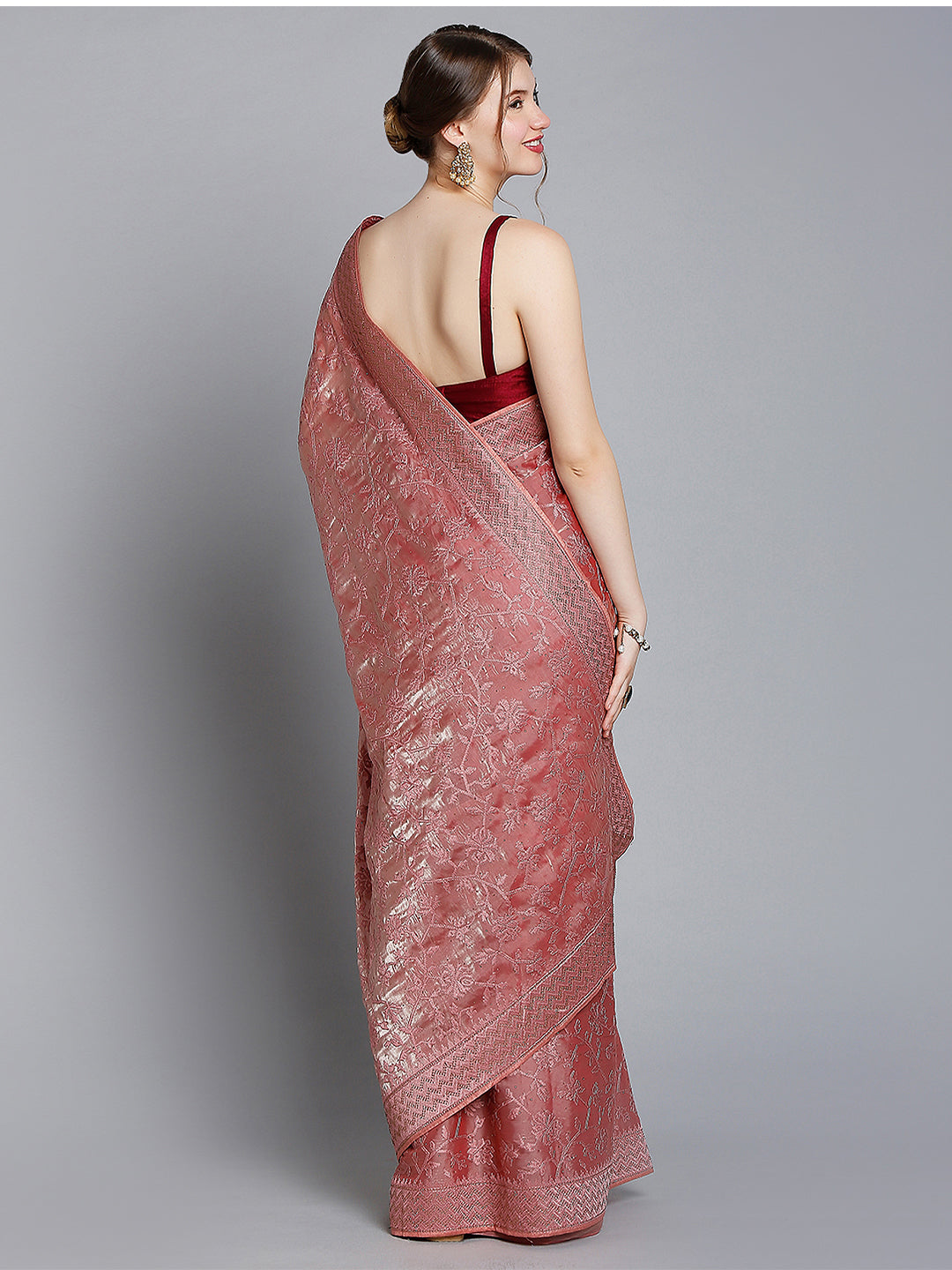 Rose Pink Soft Tissue Saree With Floral Embroidery