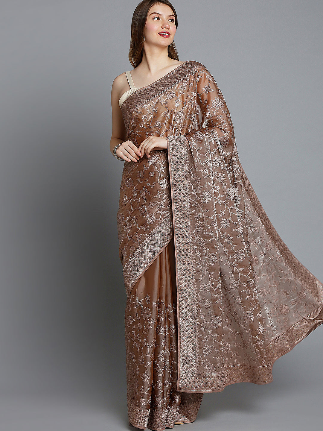 Brown Soft Tissue Saree With Floral Embroidery
