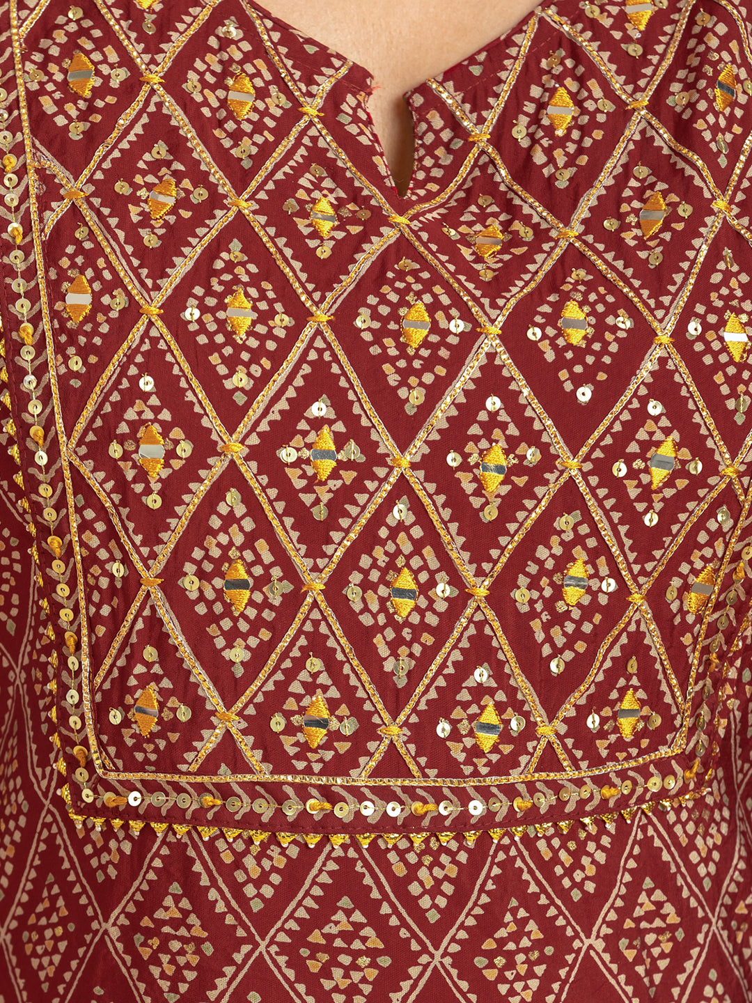 Maroon Bandhani Print Kurta In Cotton With Pants and Dupatta