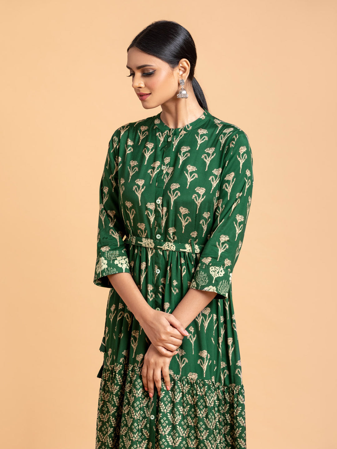 Emerald Green Tiered Dress With Floral Print In Cotton Tirumala Designers Emerald Green Tiered Dress With Floral Print In Cotton Tirumala Designers