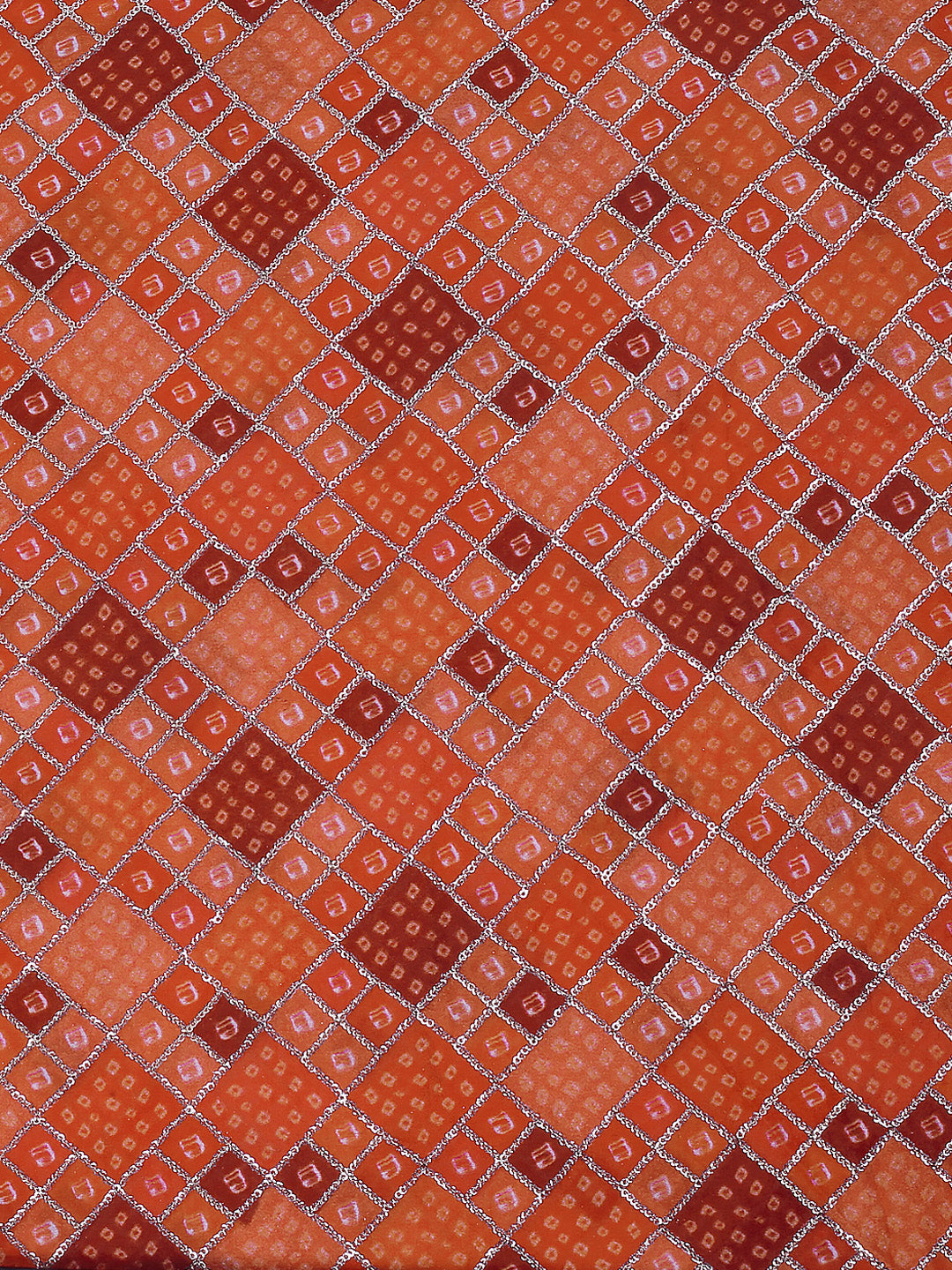 Red and Orange Bandhani Print on Chinon Crepe Sequin Fabric