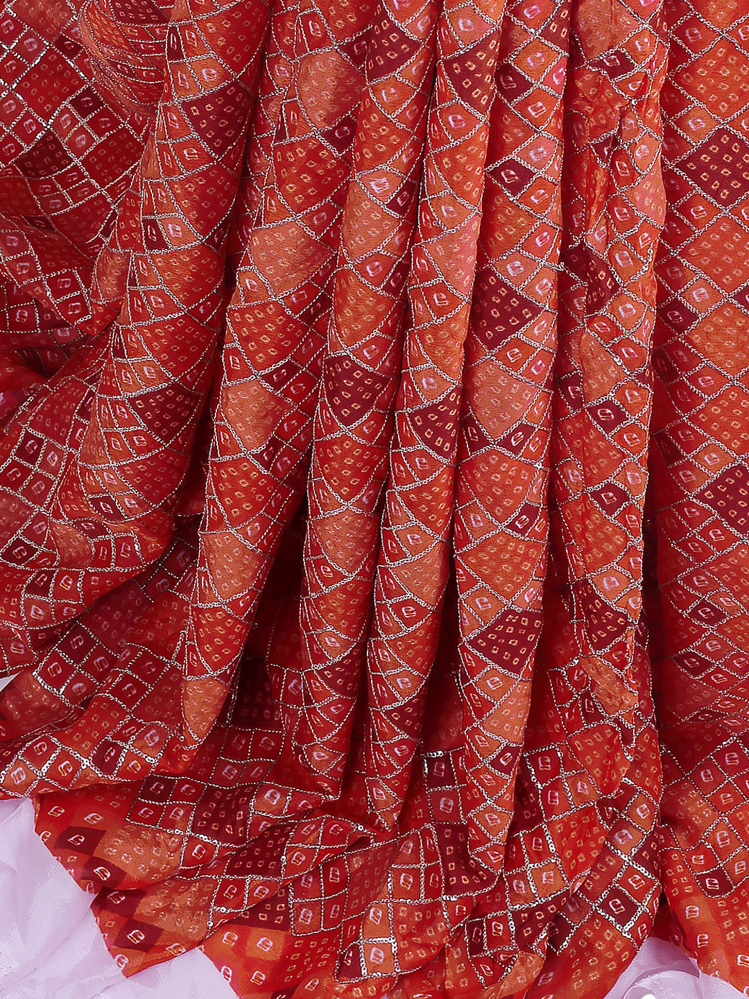 Red and Orange Bandhani Print on Chinon Crepe Sequin Fabric