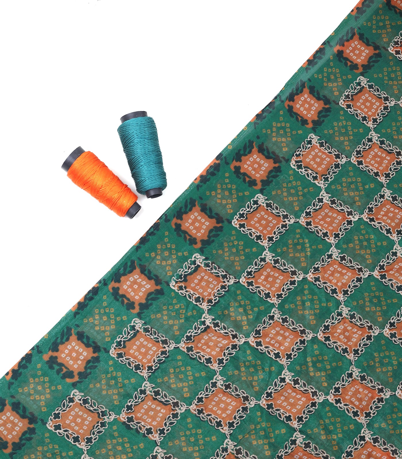 Green & Orange Chinon Position Bandhni Print Fabric With Sequins Embroidery