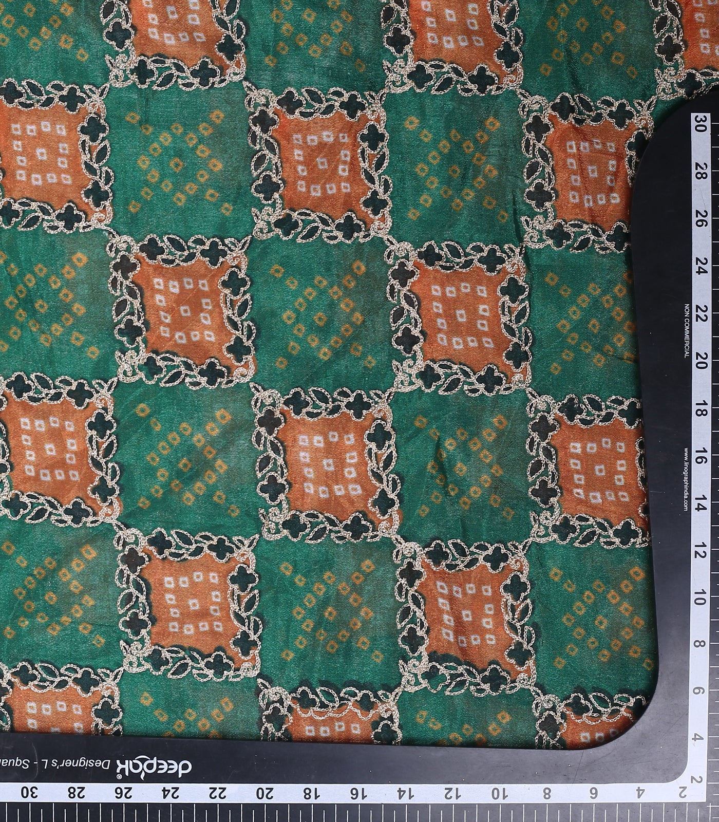 Green & Orange Chinon Position Bandhni Print Fabric With Sequins Embroidery