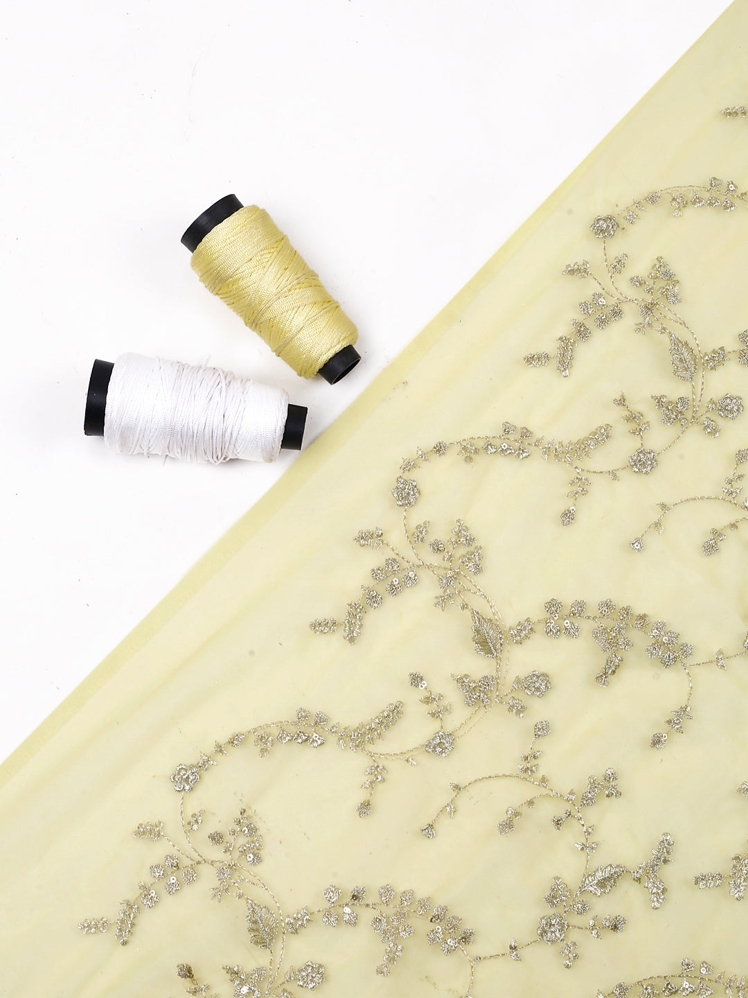 Lemon Yellow Color Embroidered Fabric With Zari Work