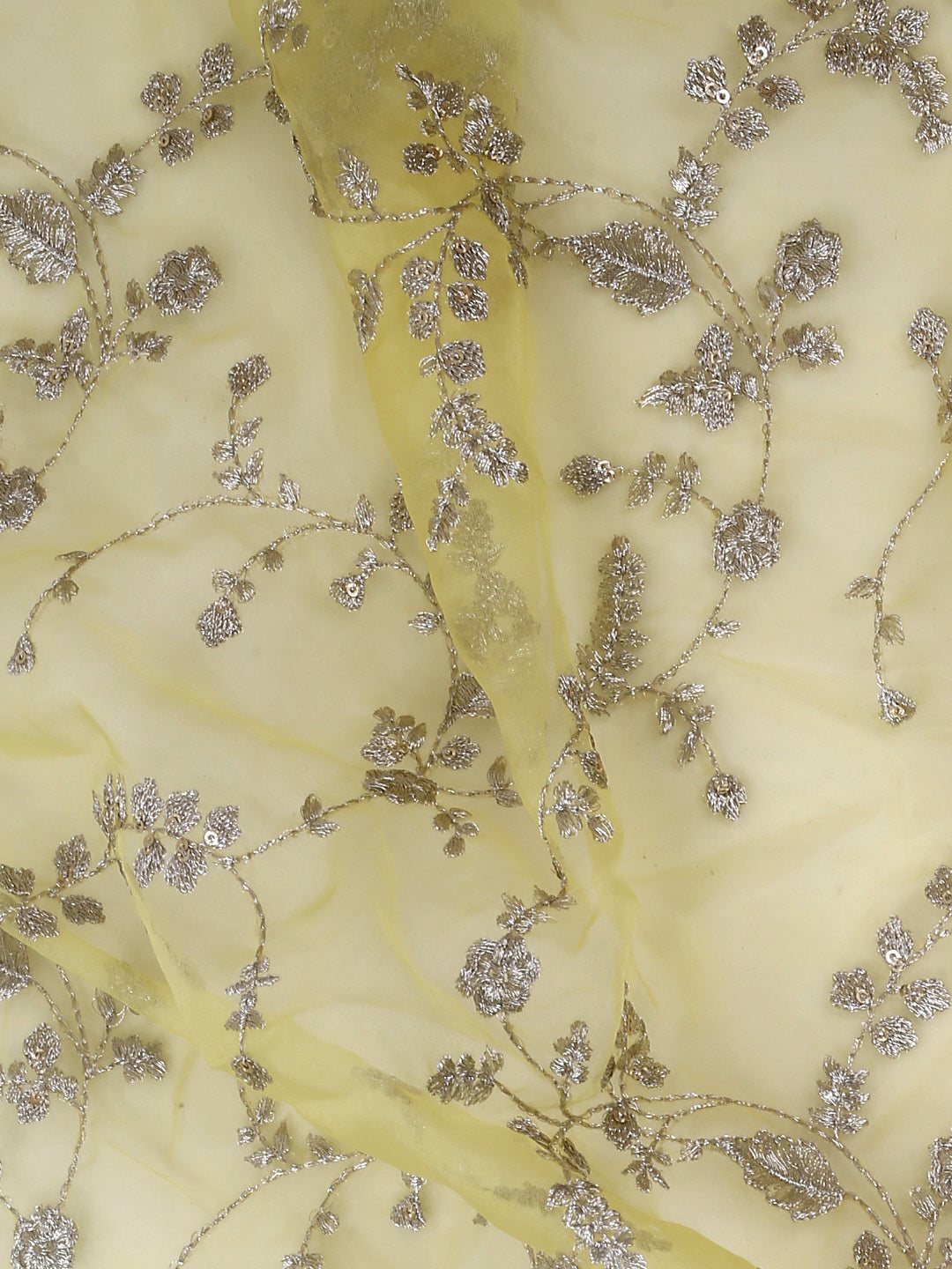 Lemon Yellow Color Embroidered Fabric With Zari Work