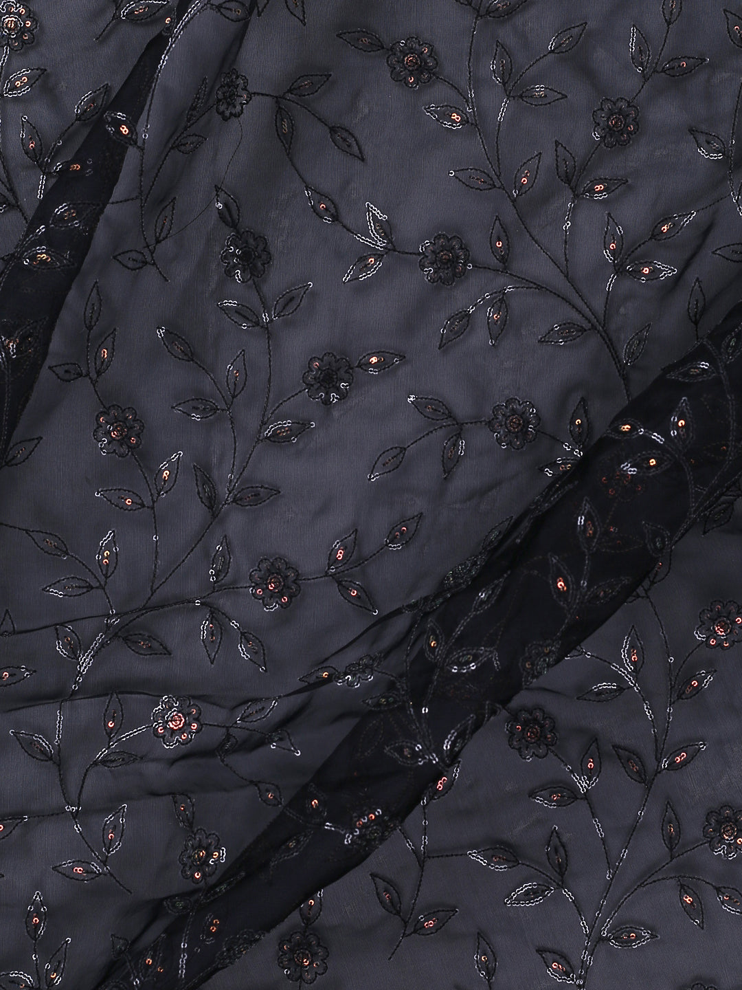 Black Organza Chequered Fabric With Zari Embroidery