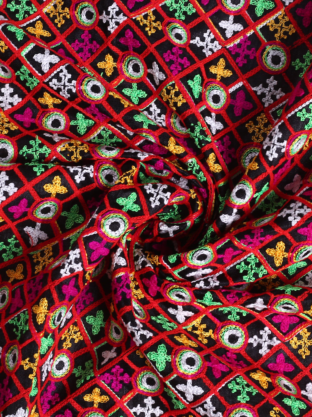 Square Patterned Kutch Work On Black Raw Silk Fabric