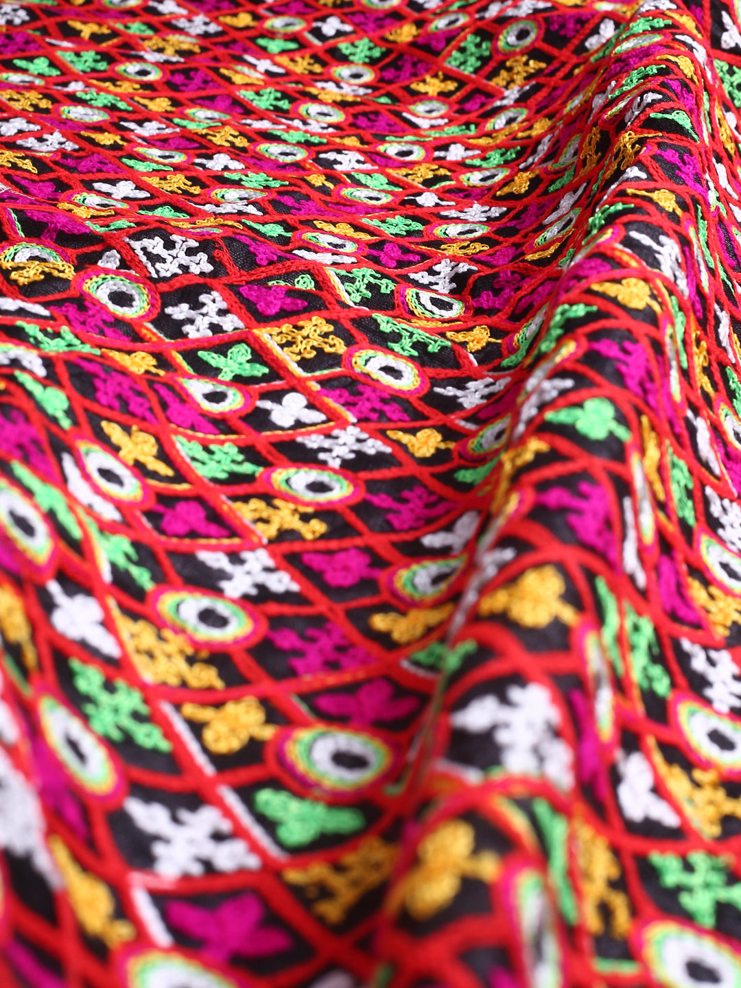 Square Patterned Kutch Work On Black Raw Silk Fabric