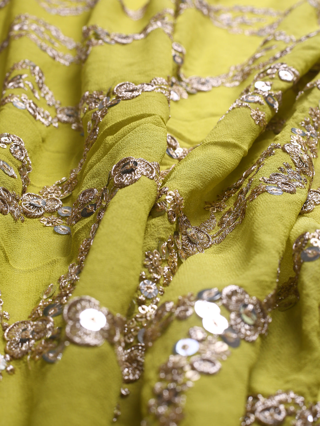 Yellowish Green Georgette Fabric With Sequin & Zari Work