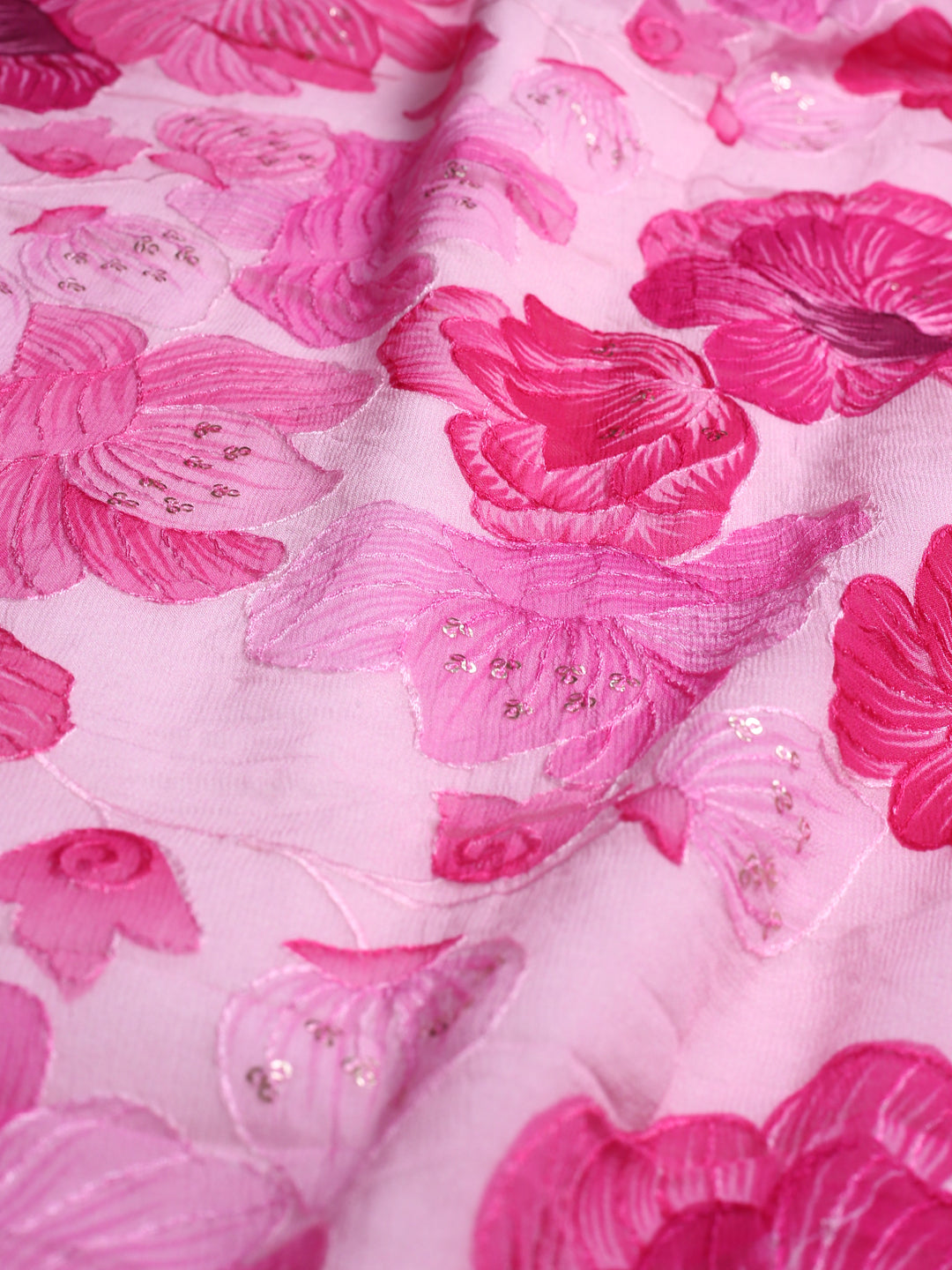Pink Floral Printed Georgette Fabric With Aari Work