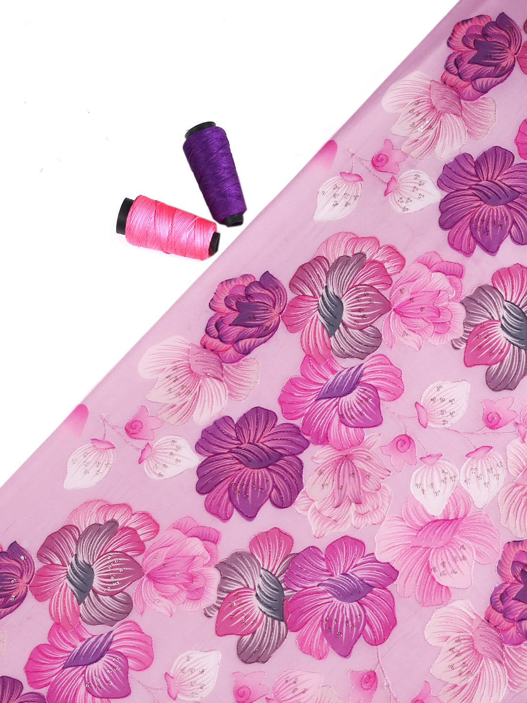 Shades Of Pink & Wine Floral Printed Georgette Fabric With Aari Work