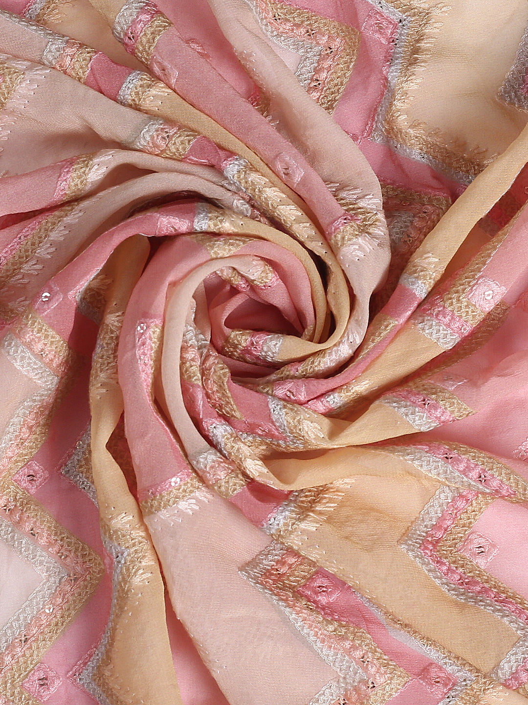 Pastel Shade Of Yellow, Peach & Cream Cheveron Printed Georgette Fabric With Thread & Sequin Work