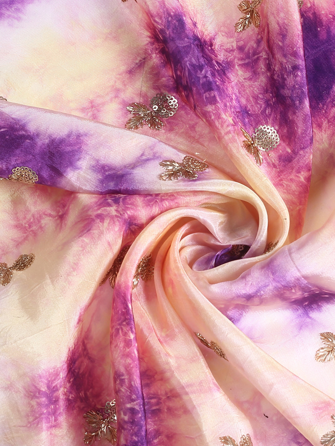 Purple & Yellow Tie Dye Uppada Silk Embroidered Fabric With Zari & Sequin Work
