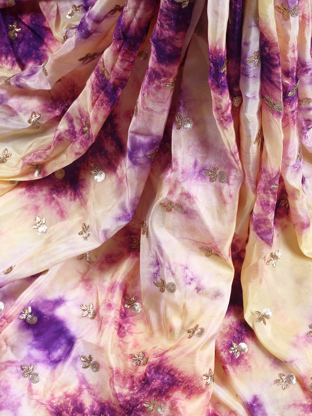 Purple & Yellow Tie Dye Uppada Silk Embroidered Fabric With Zari & Sequin Work