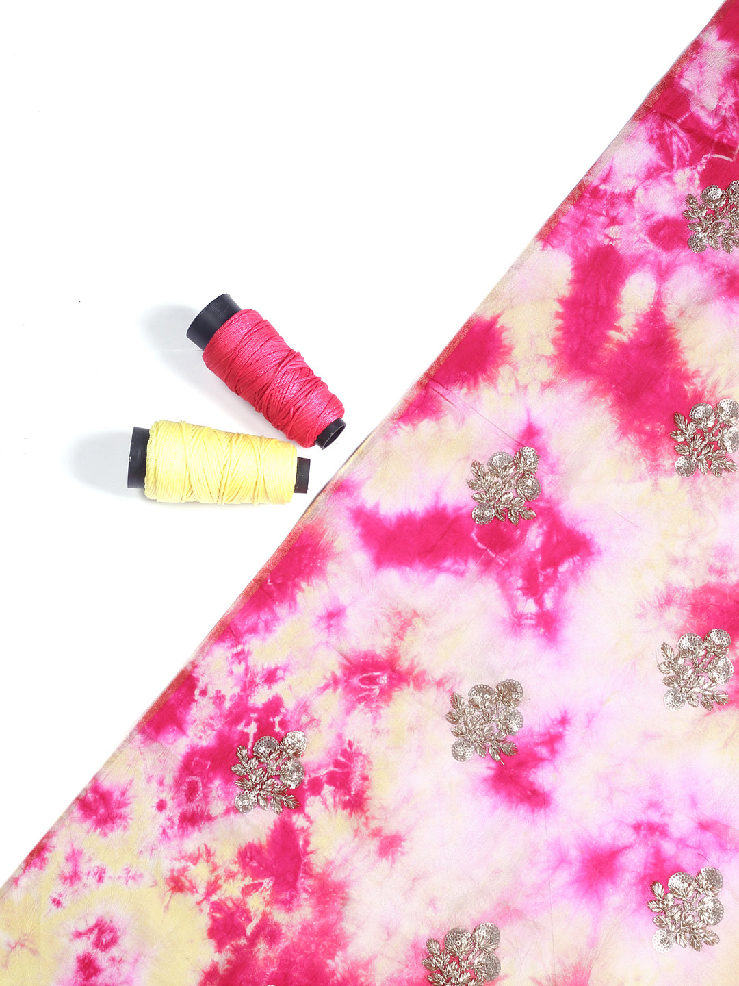 Pink & Yellow Tie Dye Uppada Silk Embroidered Fabric With Zari & Sequin Work