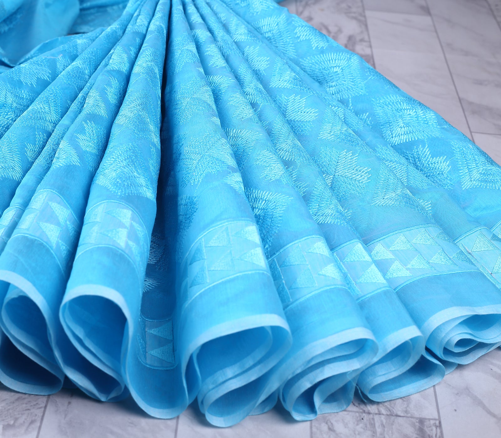Light Blue Chanderi Embroidered Fabric With Thread Work
