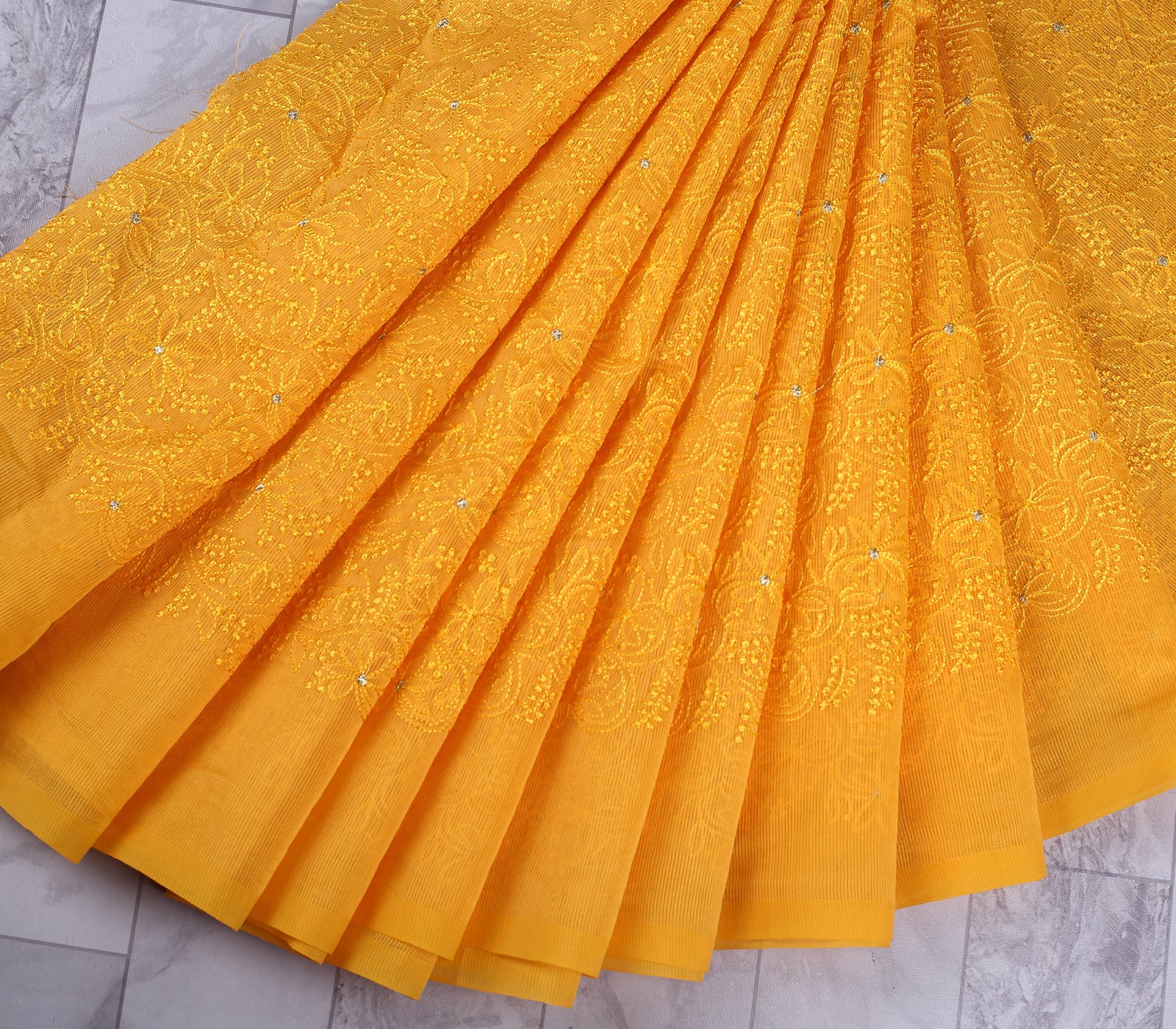Mustard Yellow Chanderi Embroidered Fabric With Thread & Zari Work