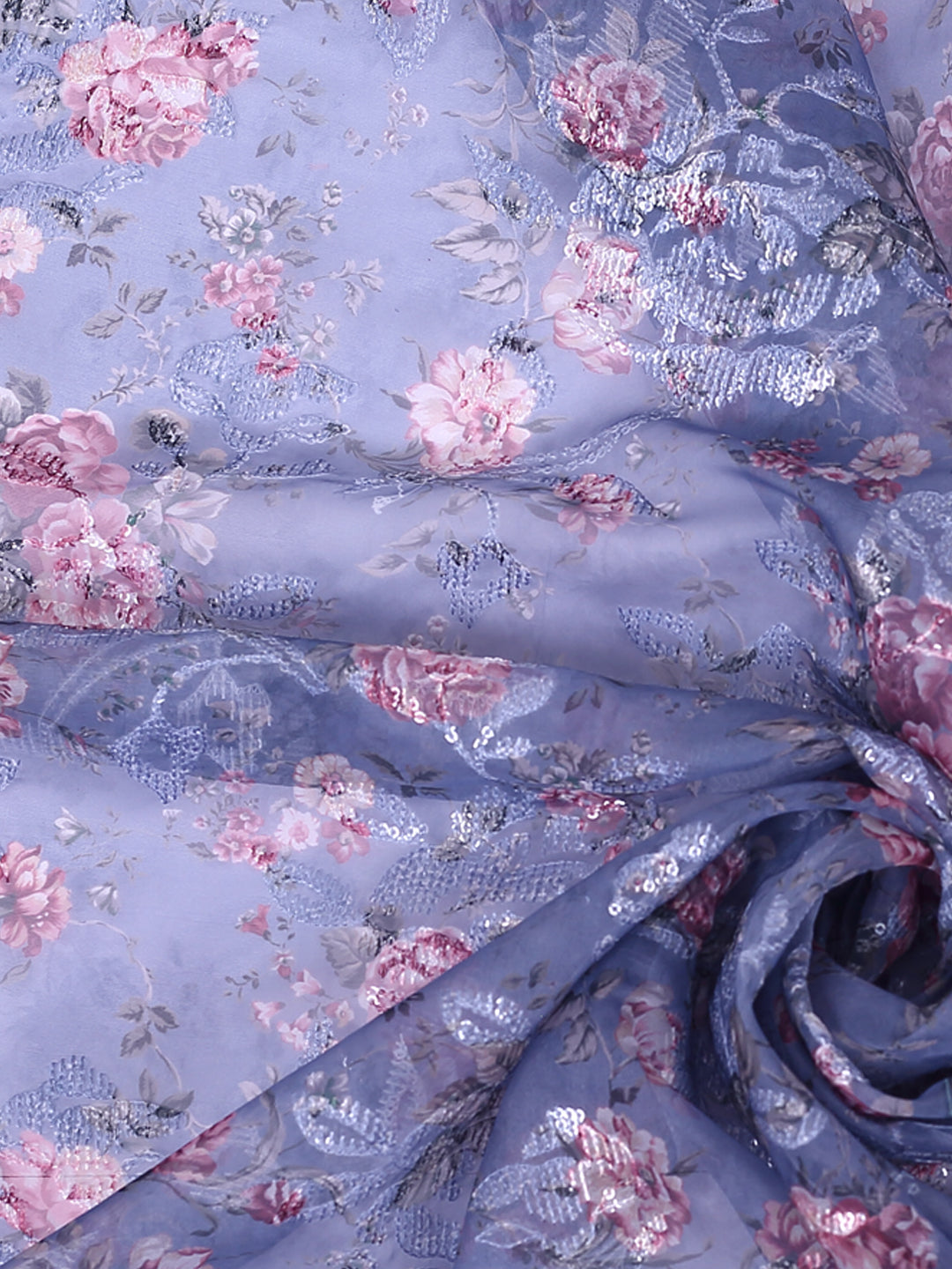 Dark Powder Blue Floral Organza Fabric With Sequins Embroidery