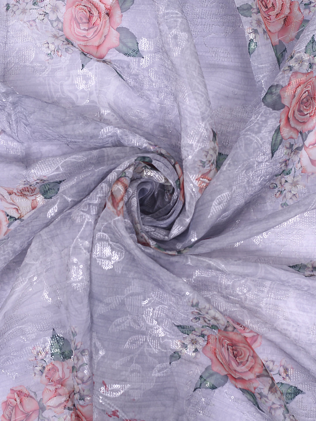 Light Grey Floral Organza Fabric With Sequins Embroidery