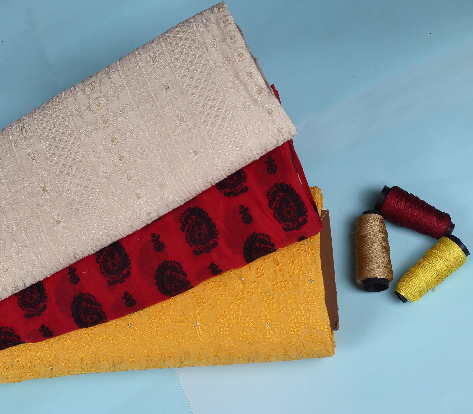 Mustard Yellow Chanderi Embroidered Fabric With Thread & Zari Work