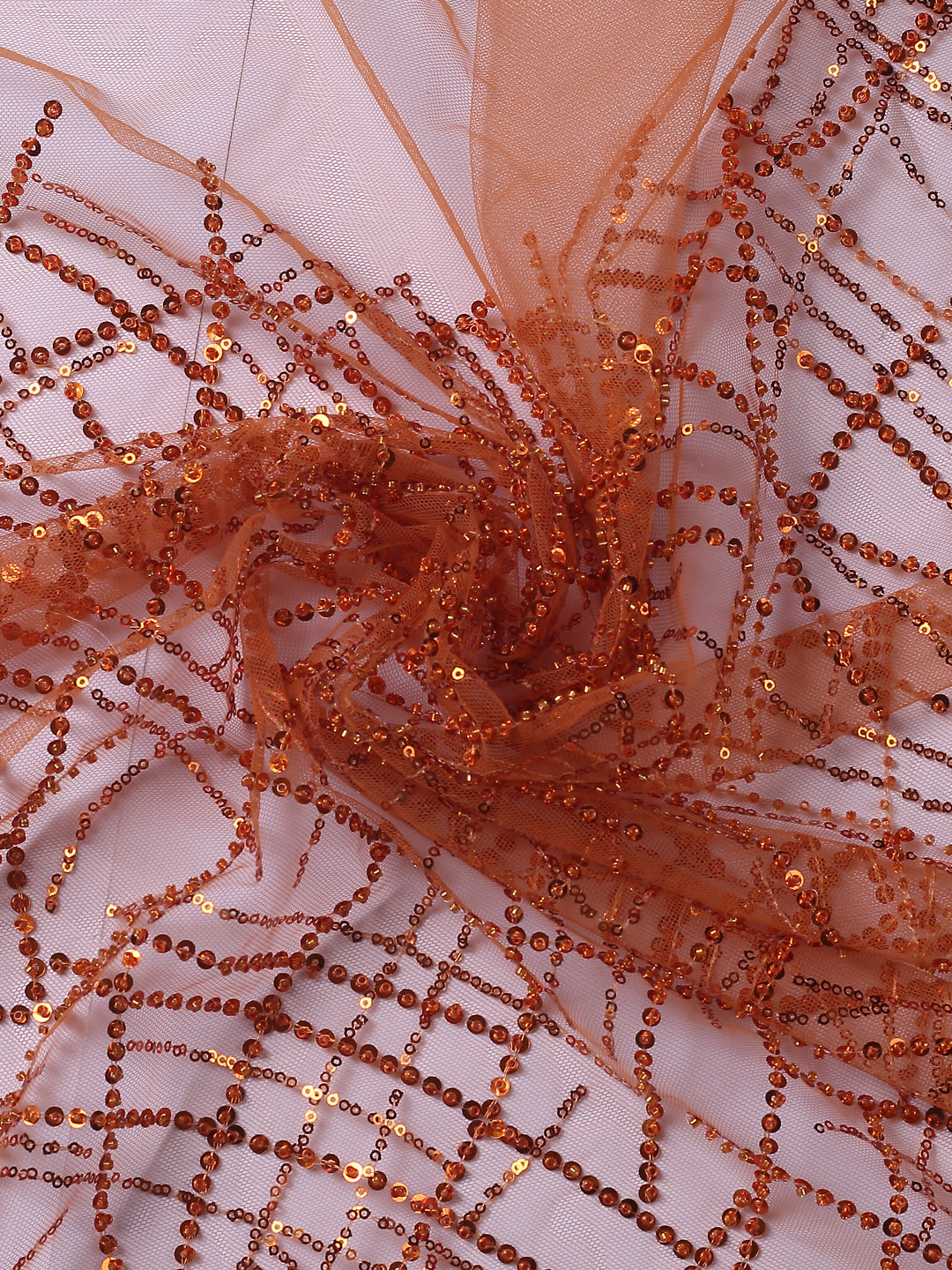 Orange Net Fabric With Sequins Work