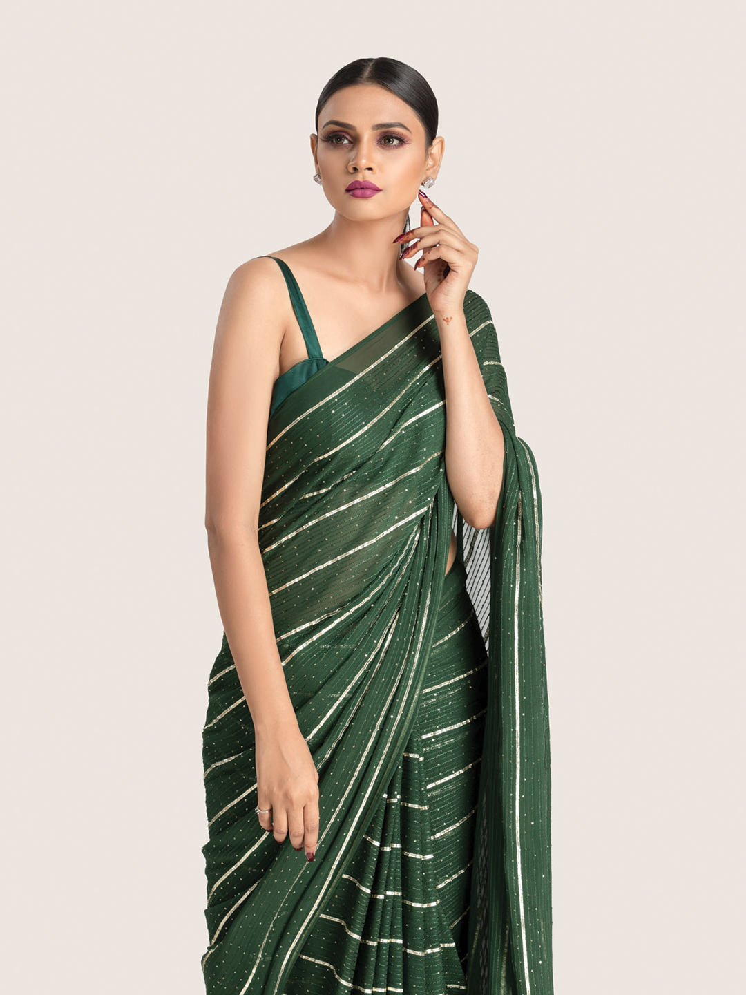 Bottle Green Georgette Sequins Saree With Blouse Fabric