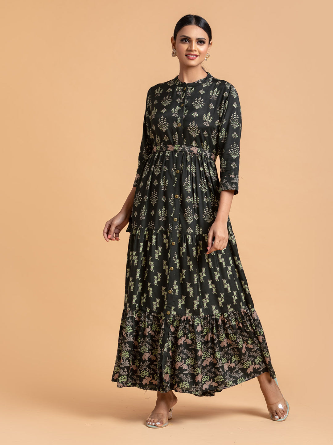 Black Tiered Dress With Floral Print In Cotton