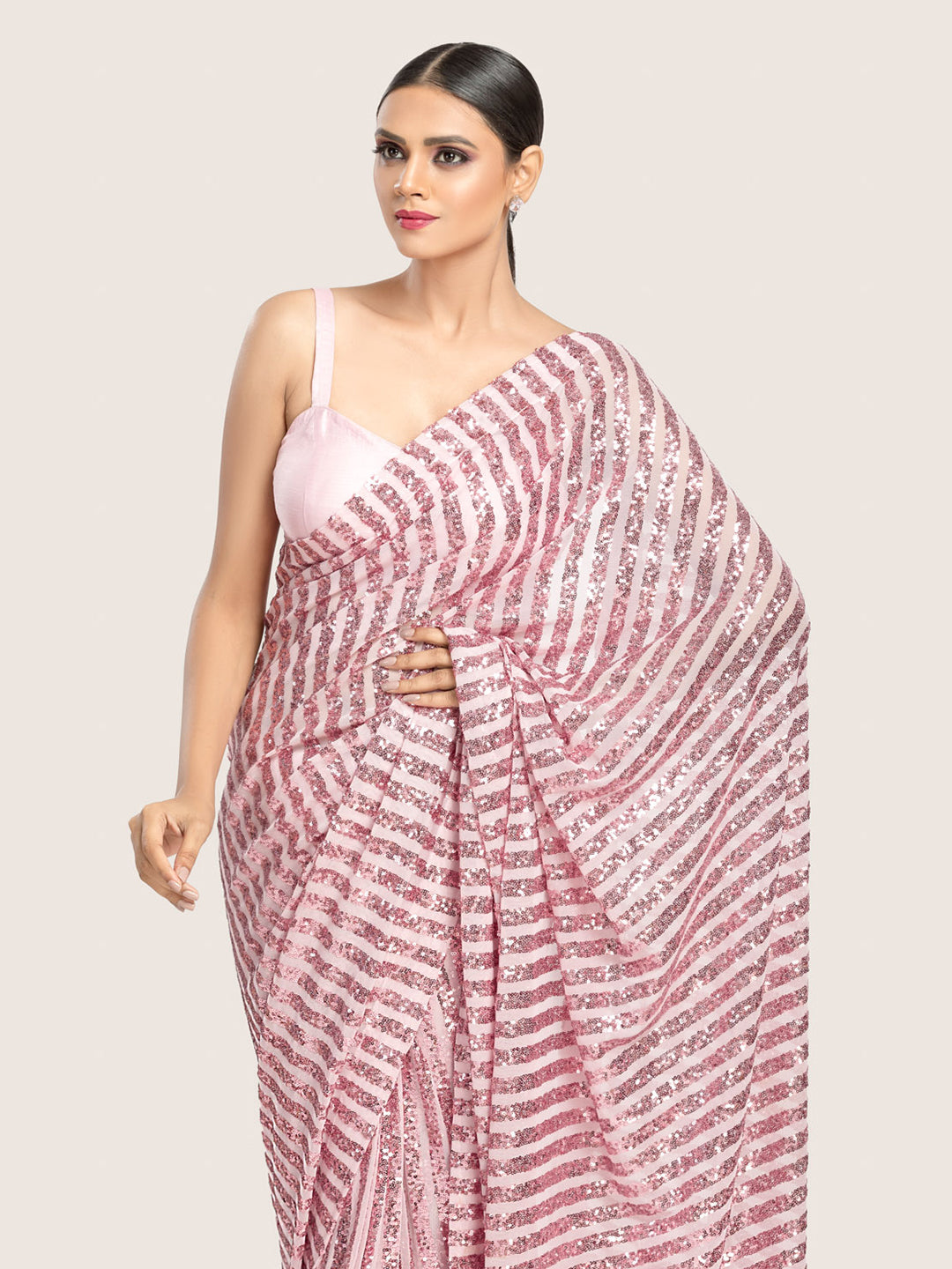 Pink Net Sequins Saree With Blouse Fabric