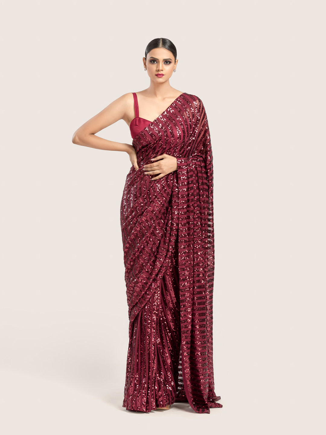 Maroon Net Sequins Saree With Blouse Fabric