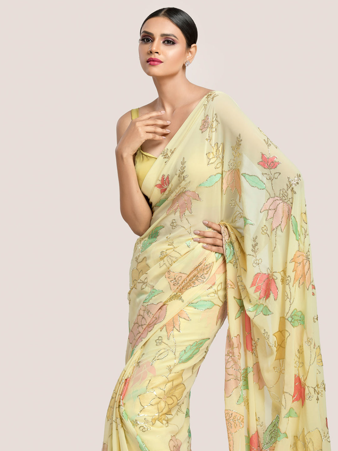 Lemon Yellow Georgette Saree With Embroidered & Sequins Work With Blouse Fabric