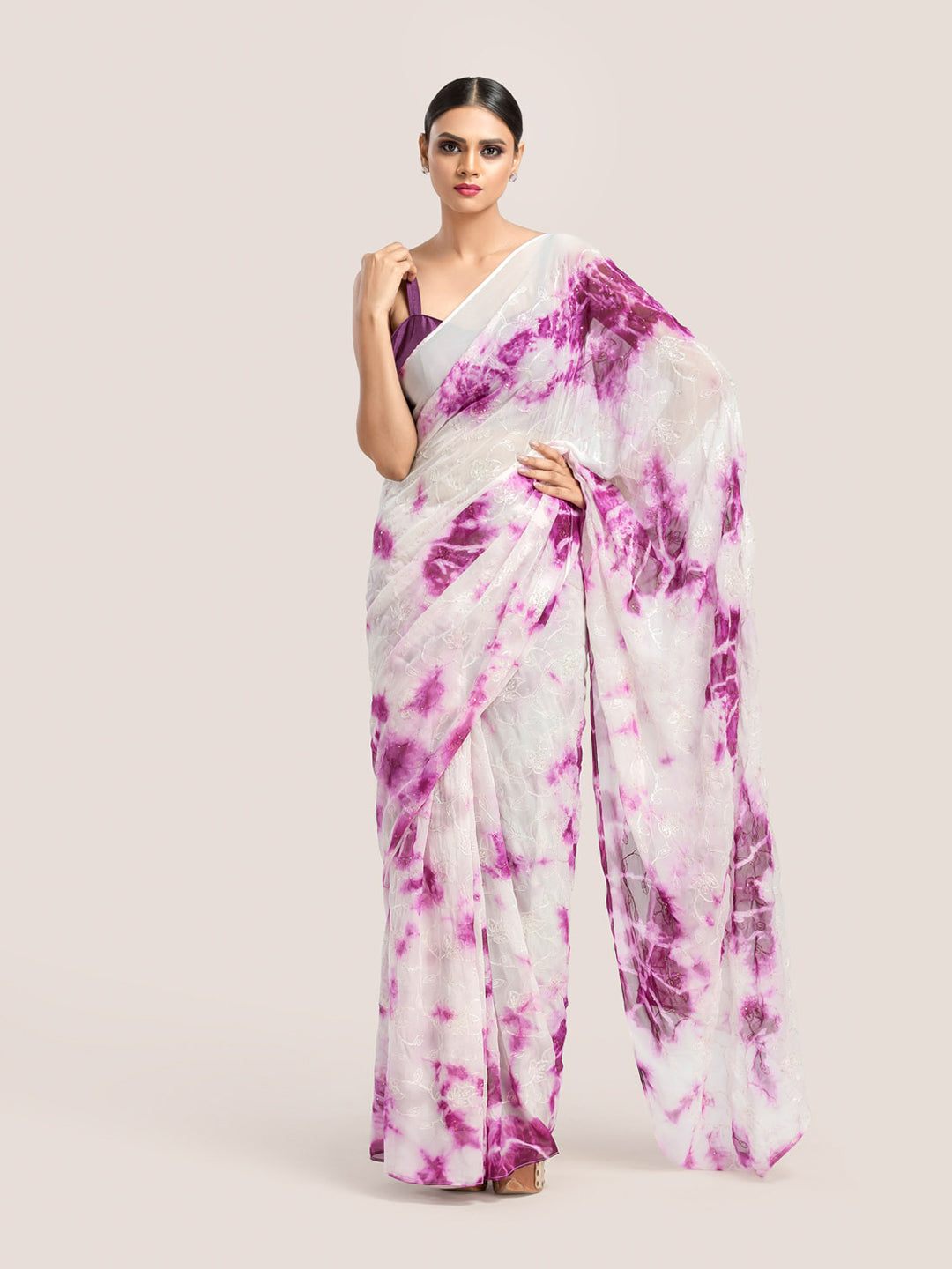Purple & White Tie-dye Georgette Saree With Embroidered & Sequins With Blouse Fabric