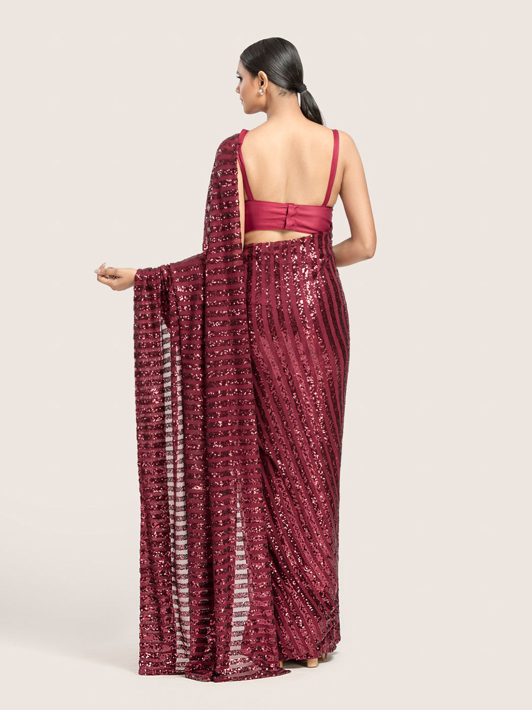 Maroon Net Sequins Saree With Blouse Fabric