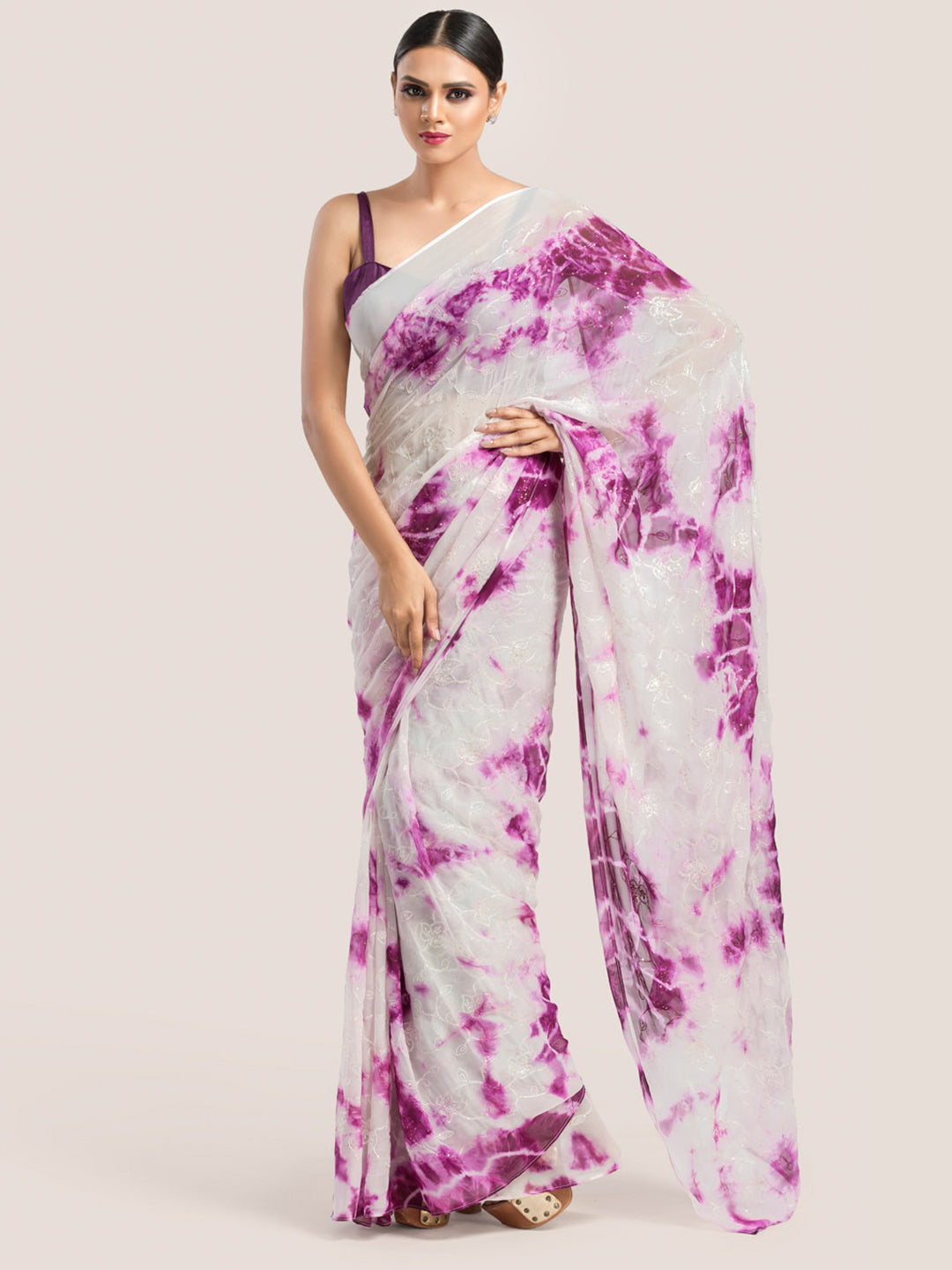 Purple & White Tie-dye Georgette Saree With Embroidered & Sequins With Blouse Fabric