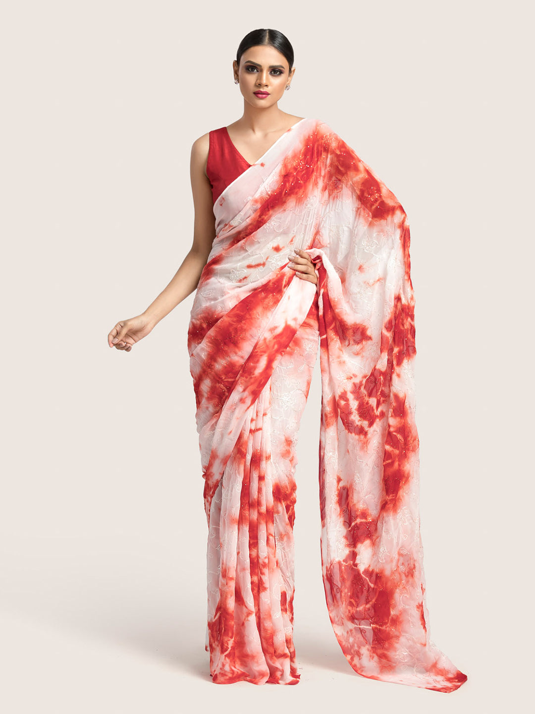Red & White Tie-dye Georgette Saree With Embroidered & Seqiuns With Blouse Fabric