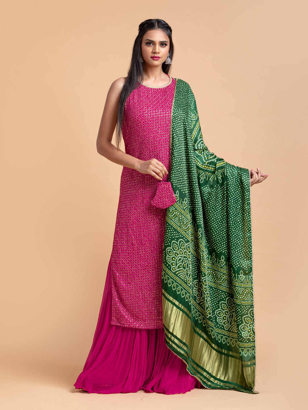 Pink Embroidered Sharara Set With Green Bandhani Dupatta