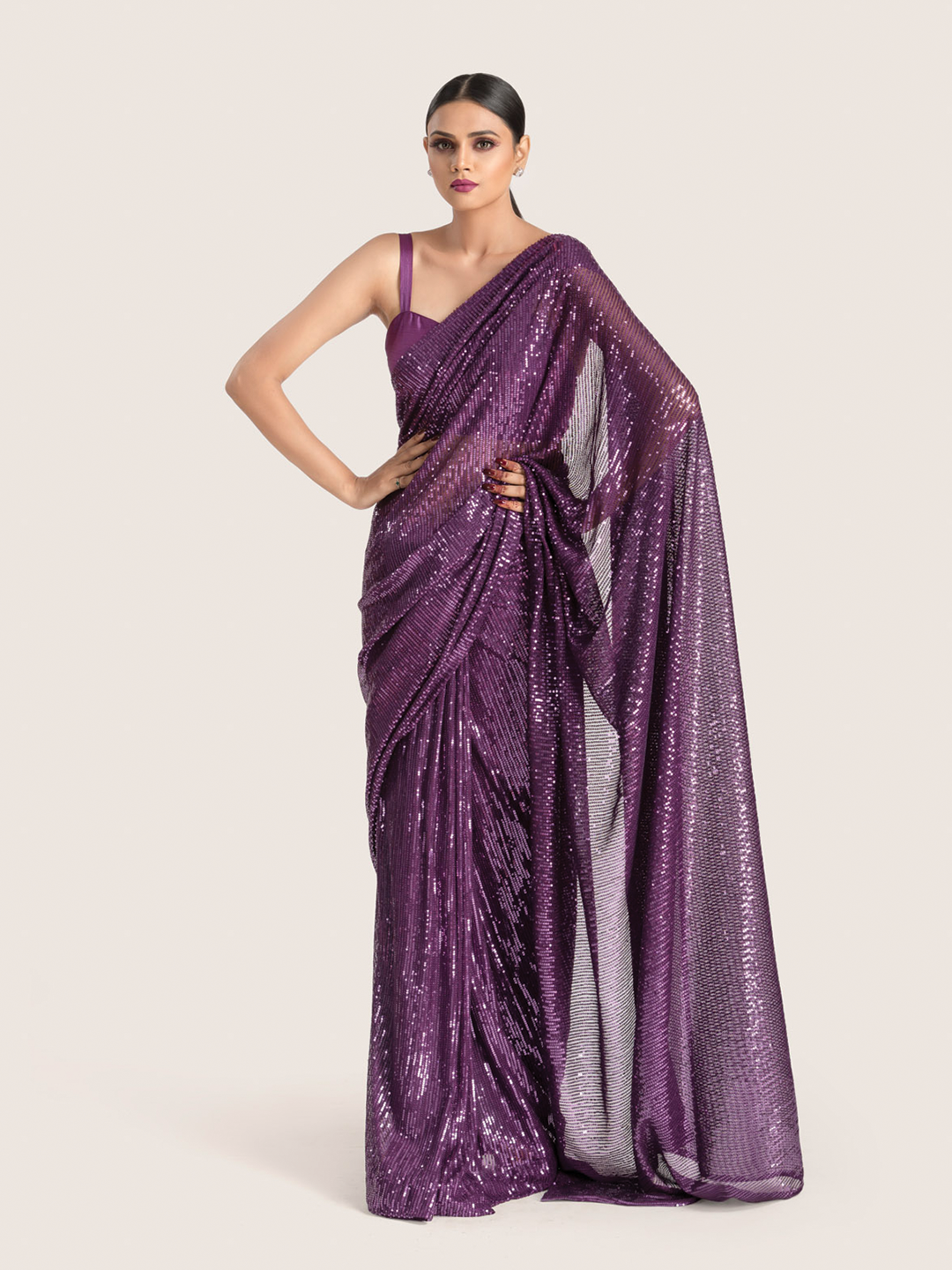 Eggplant Purple Sequins Saree With Blouse Fabric