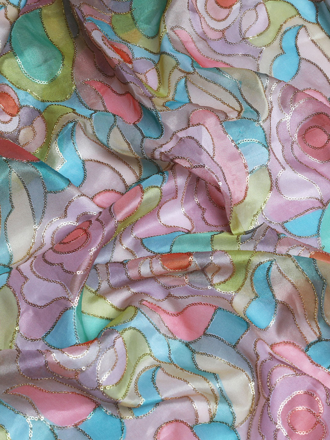 Multi Colour Position Print Organza Fabric With Sequin Work