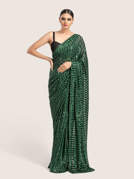 Bottle Green Sequins Saree With Blouse Fabric – Tirumala Designers