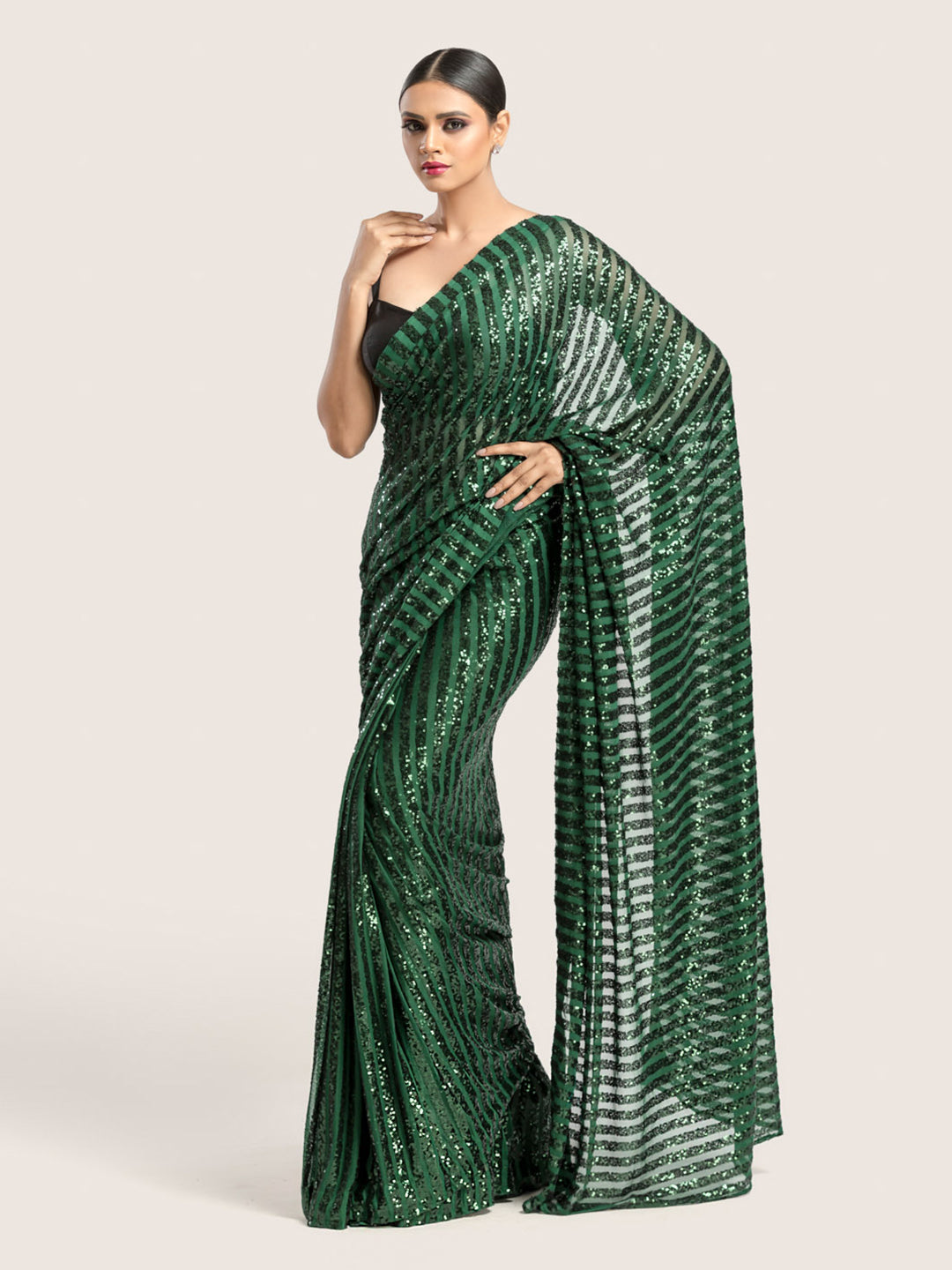Bottle Green Net Sequins Saree With Blouse Fabric