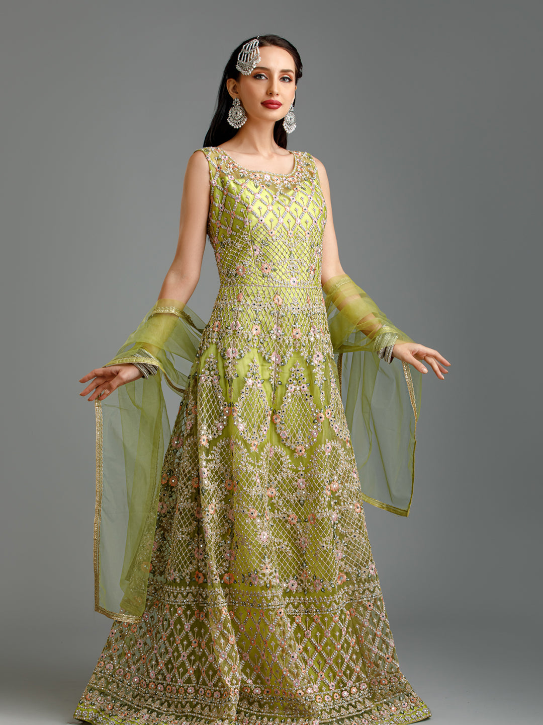 Green Embroidered Gown with Dupatta