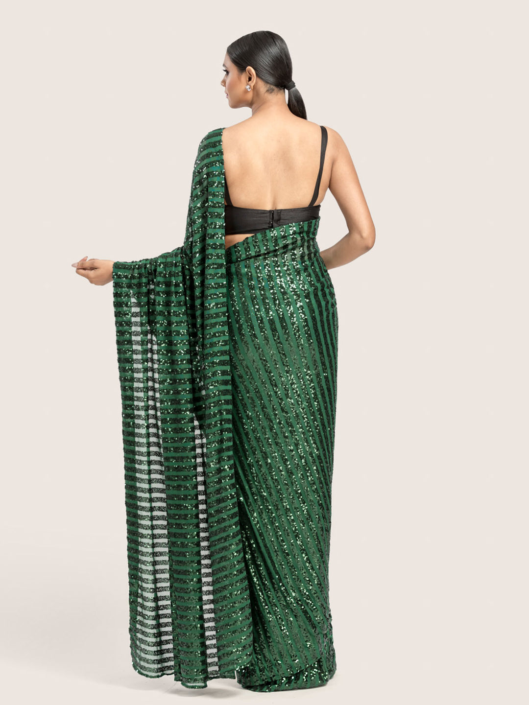Bottle Green Net Sequins Saree With Blouse Fabric