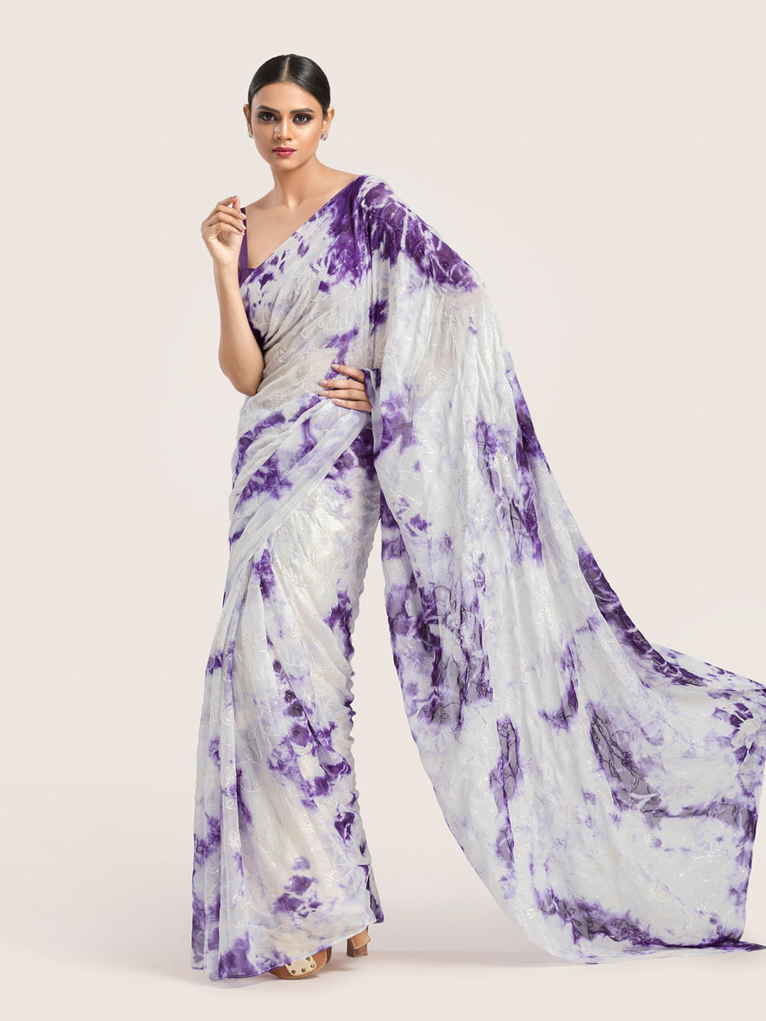 Dark Purple & White Tie-Dye Georgette Saree With Embroidered & Sequins With Blouse Fabric