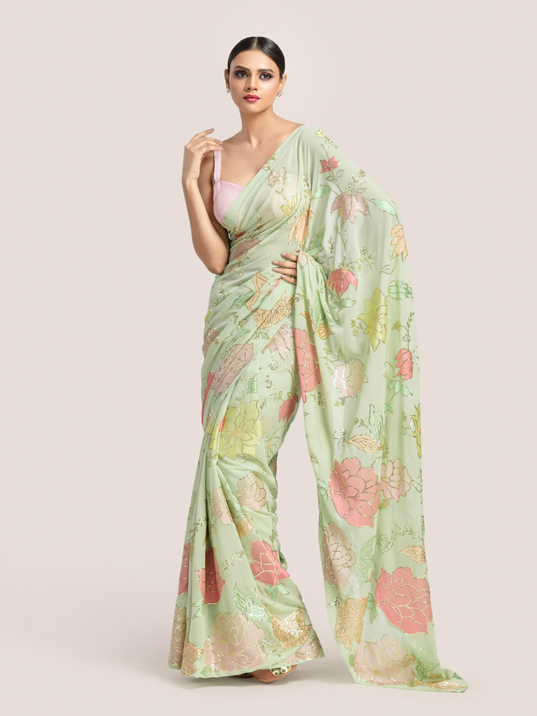 Mint Green Georgette Saree With Embroidered & Sequins Work With Blouse Fabric