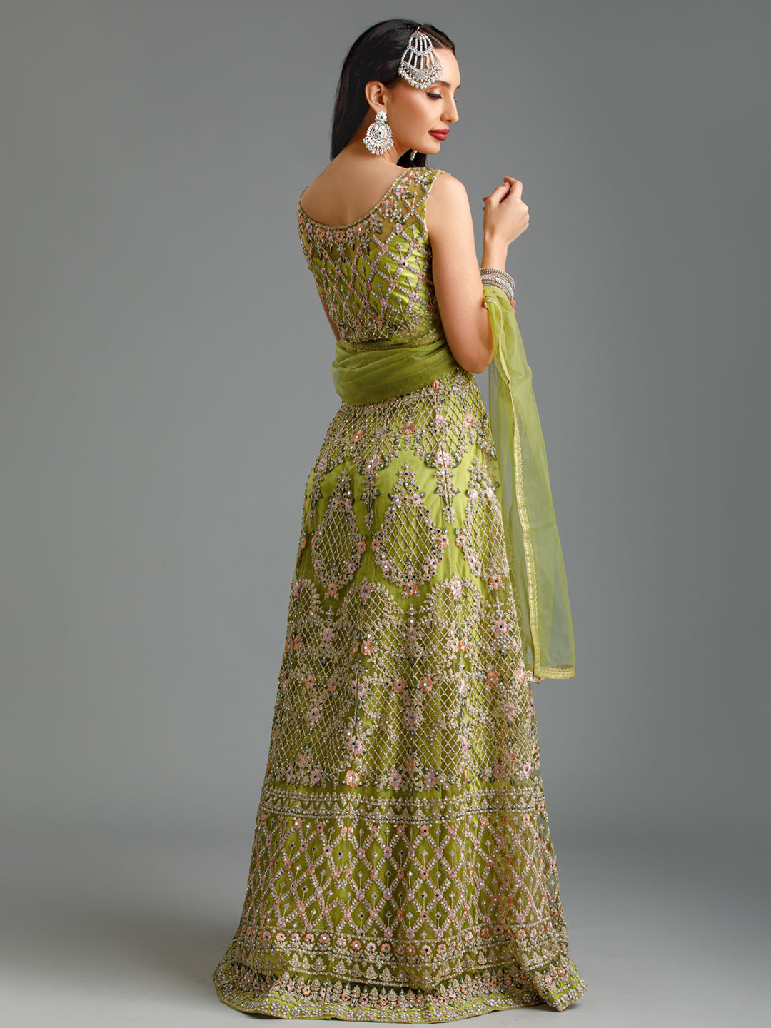 Green Embroidered Gown with Dupatta