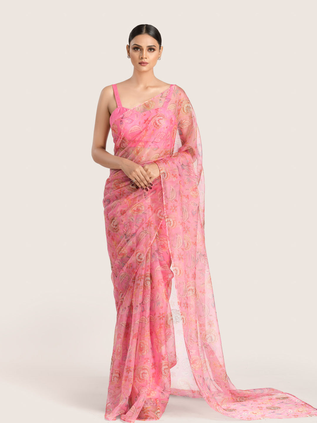 Floral Printed Pink Organza Saree With Blouse Fabric