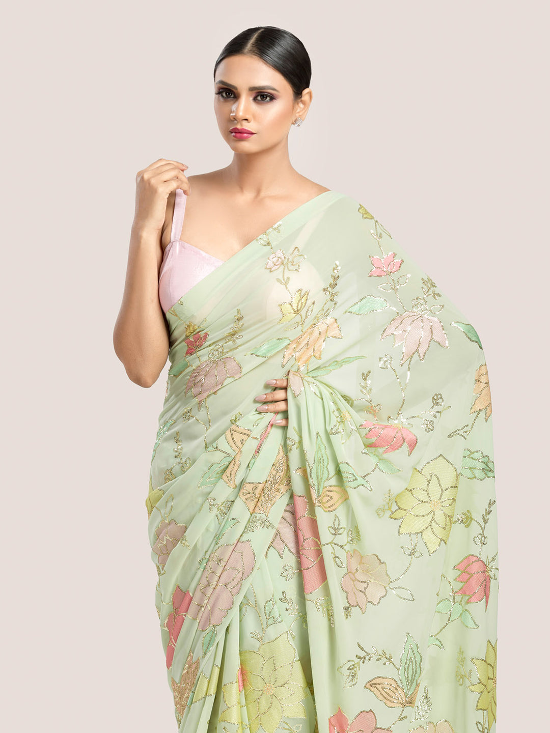 Mint Green Georgette Saree With Embroidered & Sequins Work With Blouse Fabric