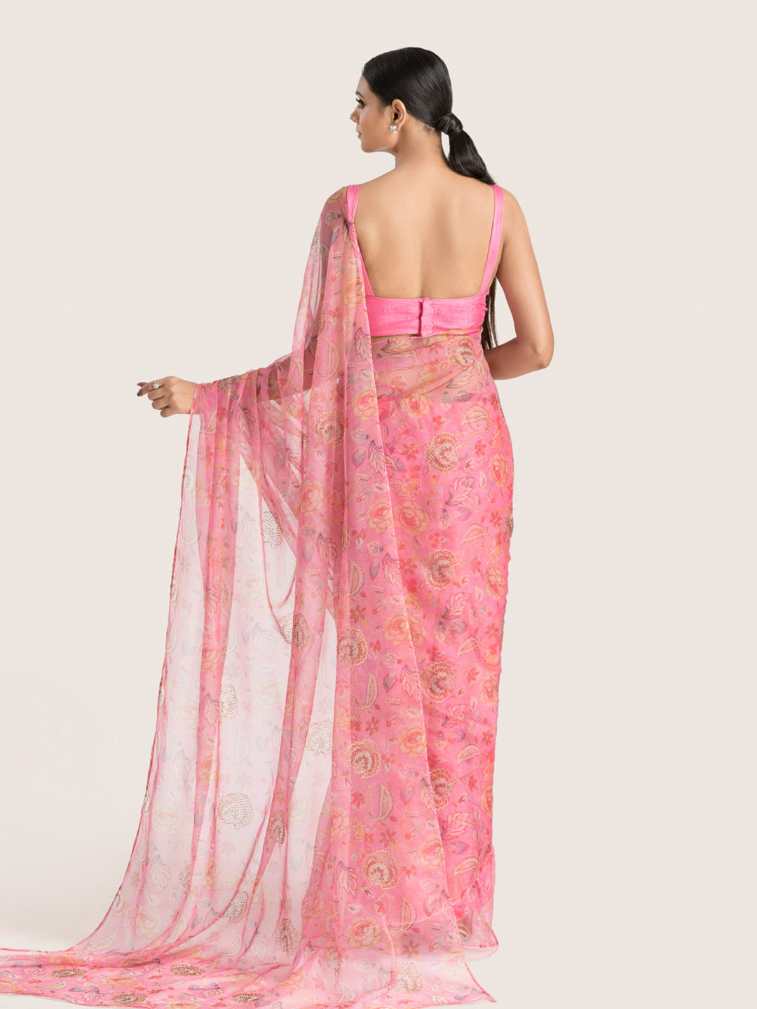 Floral Printed Pink Organza Saree With Blouse Fabric