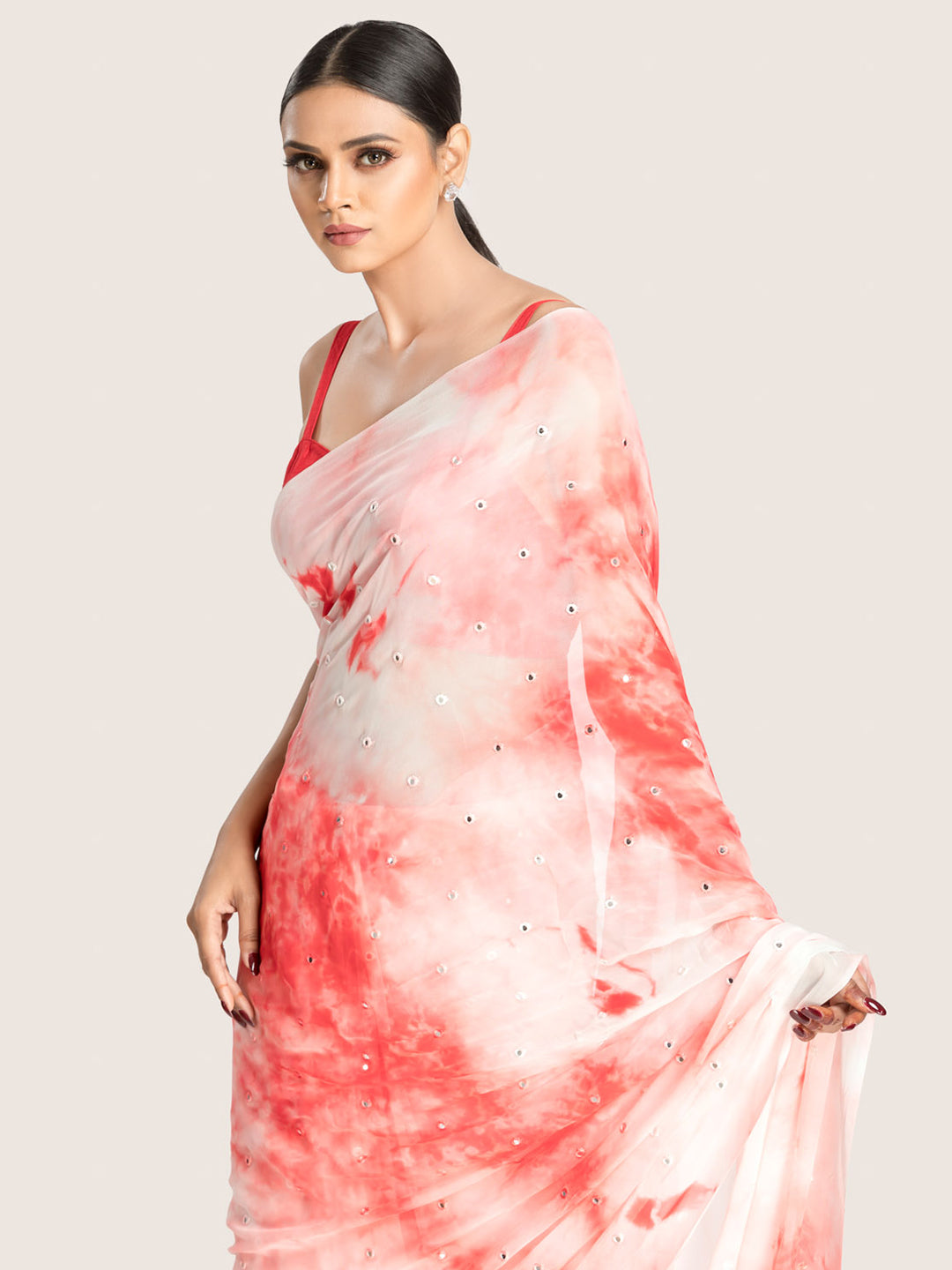 Red & White Tie-dye Georgette Saree With Blouse Fabric