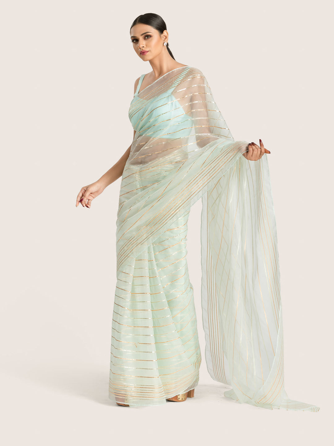 Mint Blue Organza Saree With Blouse Fabric